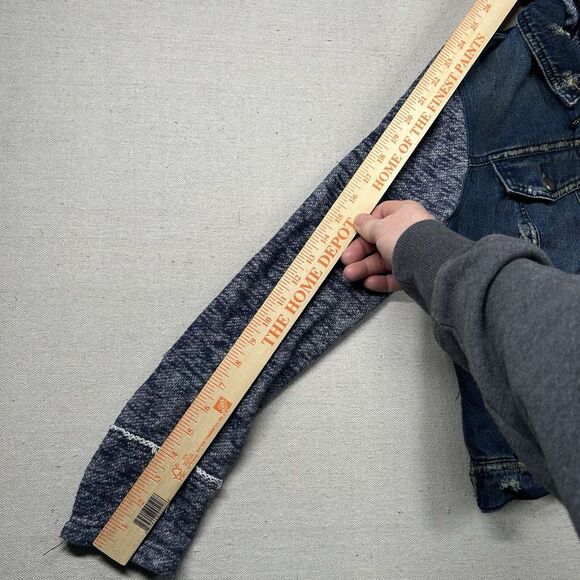 Free People Denim Jacket Womens M‎ Hoodie Knit Sleeves Distressed Trucker - Picture 7 of 8